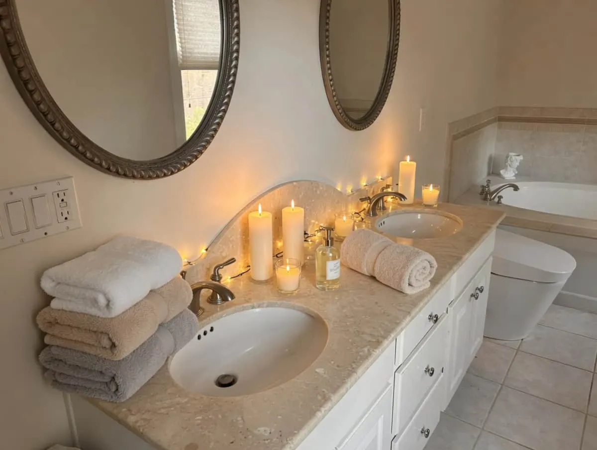Rolled towels and candles along the bathroom vanity