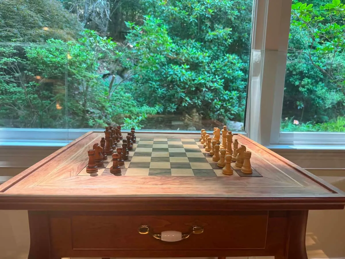 Chess table beside a window looking into the forest