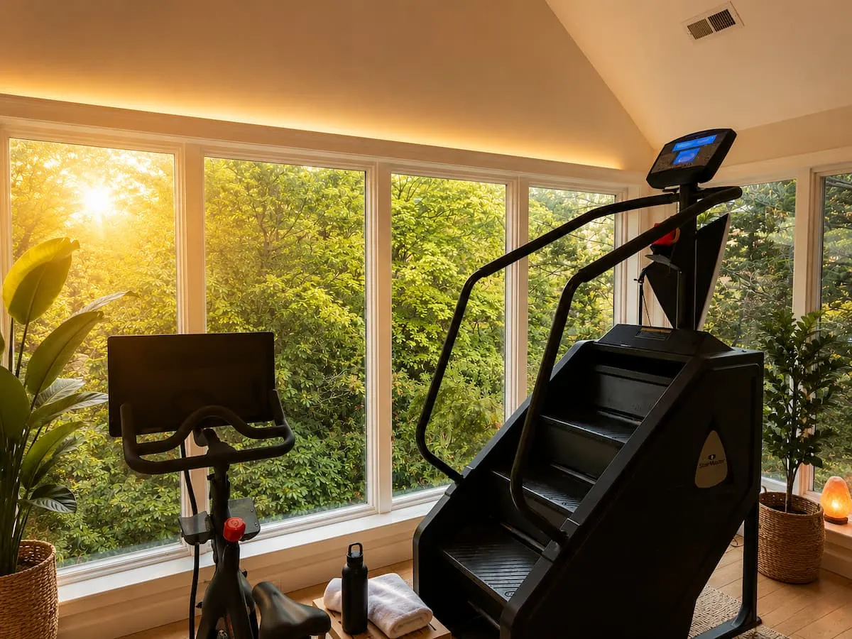 A Peloton bike and stair climber in front of large windows at sunrise