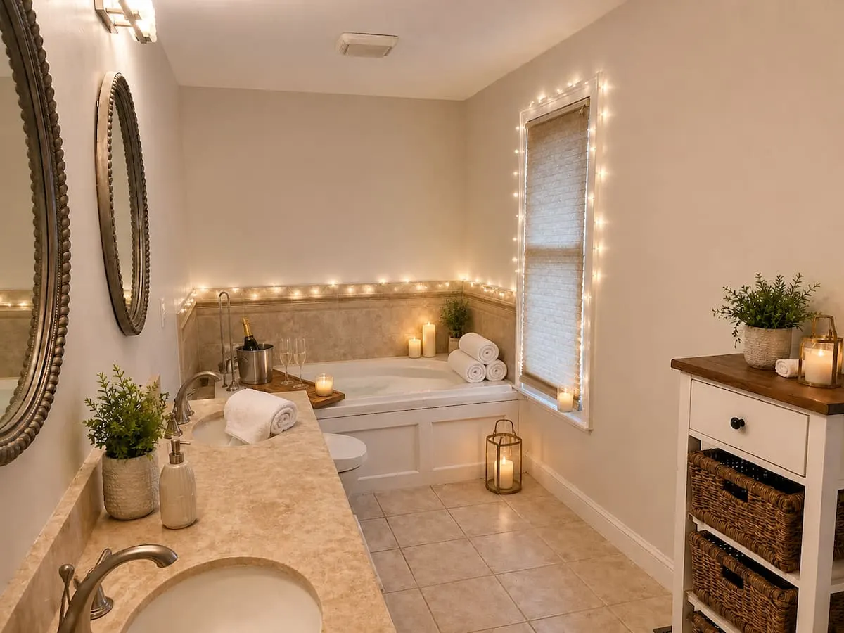 The jacuzzi tub in the primary bathroom, lit with candles and string lights