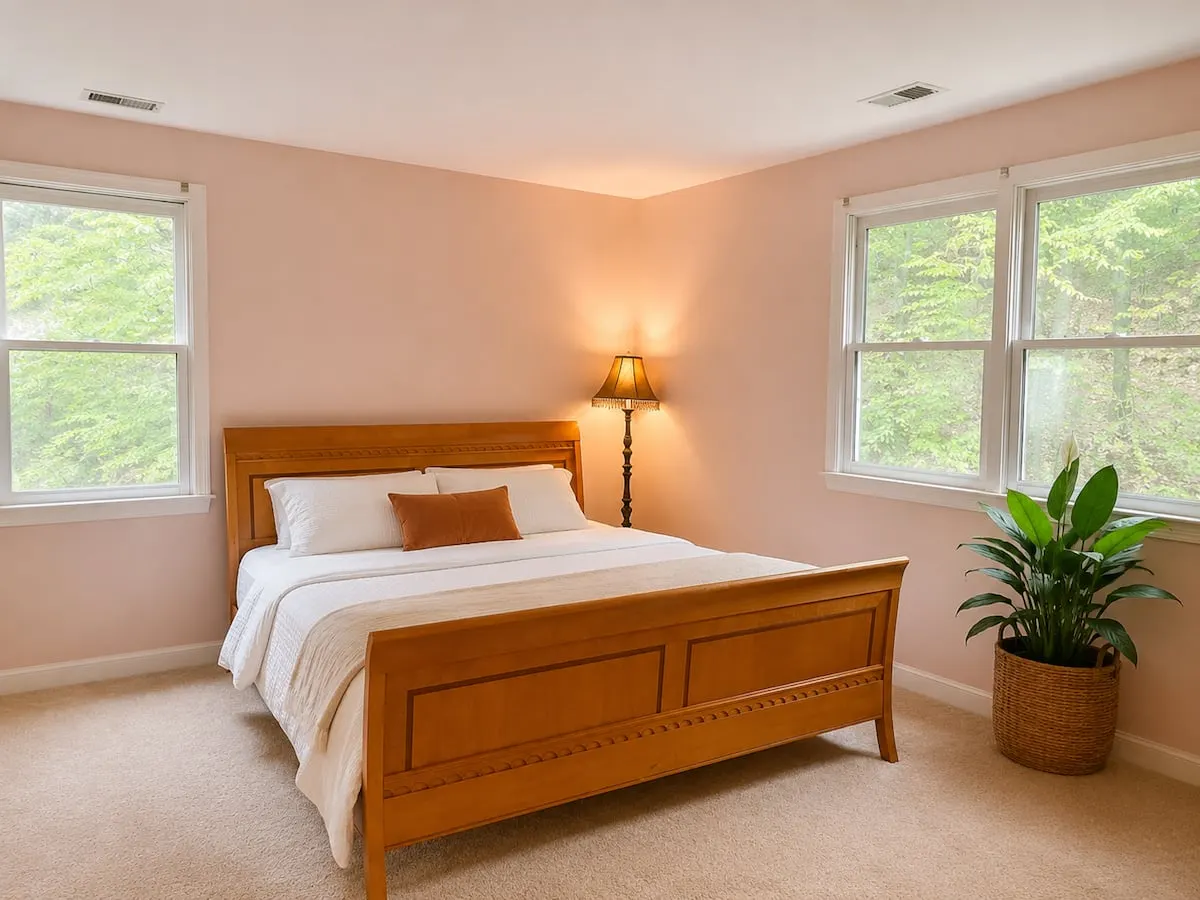 A bedroom with pale pink walls, a wooden bed frame and a potted plant
