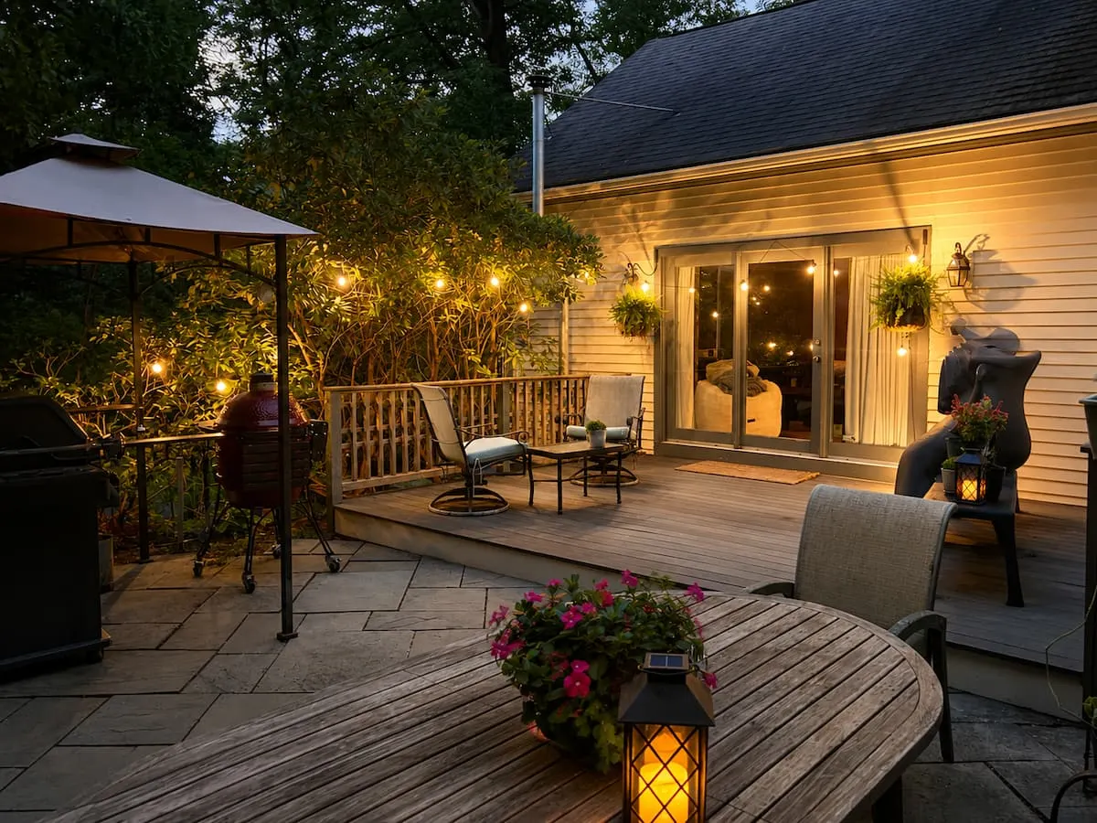 The patio at dusk with string lights, lanterns and a round table